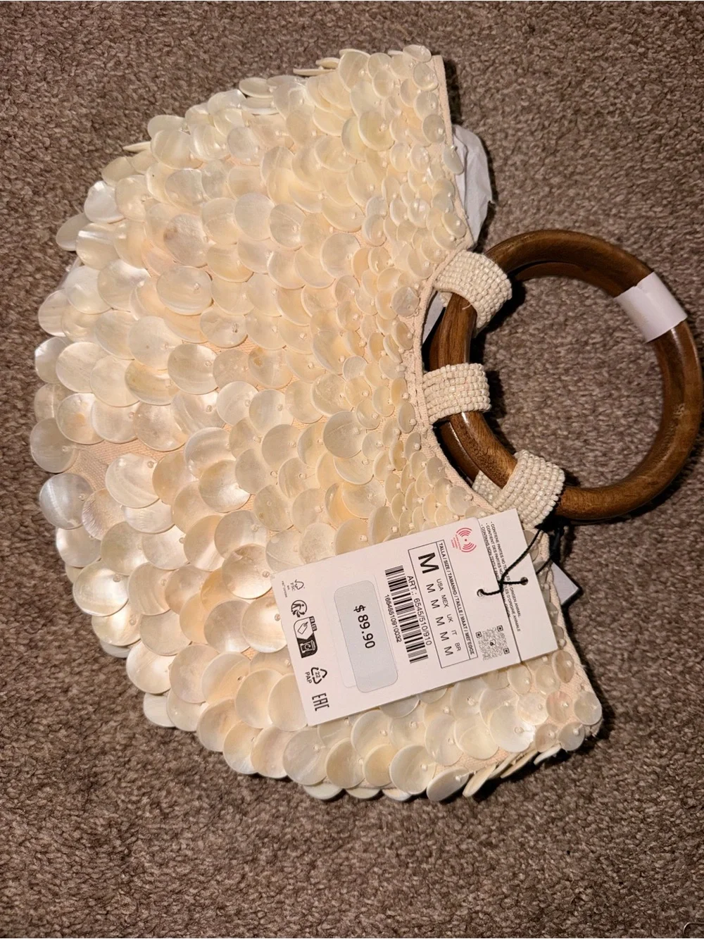 Zara Cream Sequin Circle-Handle Tote Bag